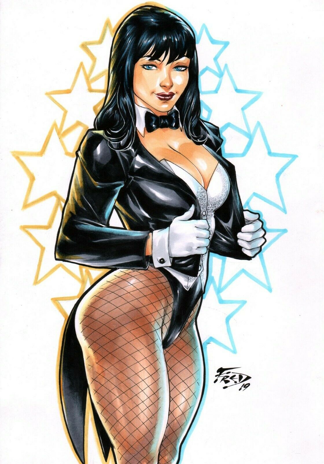 1girls 2019 adjusting_clothes bangs big_breasts black_bowtie black_eyebrows black_hair black_jacket black_panties blue_eyes bowtie breasts breasts_apart busty cleavage color corset dated dc dc_comics ed_benes_studio eyebrows eyebrows_behind_hair eyeshadow female female_only fishnet fishnet_legwear fishnets fred_benes from_side gloves highleg highleg_panties homo_magi jacket justice_league large_breasts lipstick long_hair looking_at_viewer magician makeup mascara oppai panties pinup purple_lips purple_lipstick signature solo standing straight_hair superheroine thick_thighs thighs traditional_media white_corset white_gloves zatanna zatanna_zatara