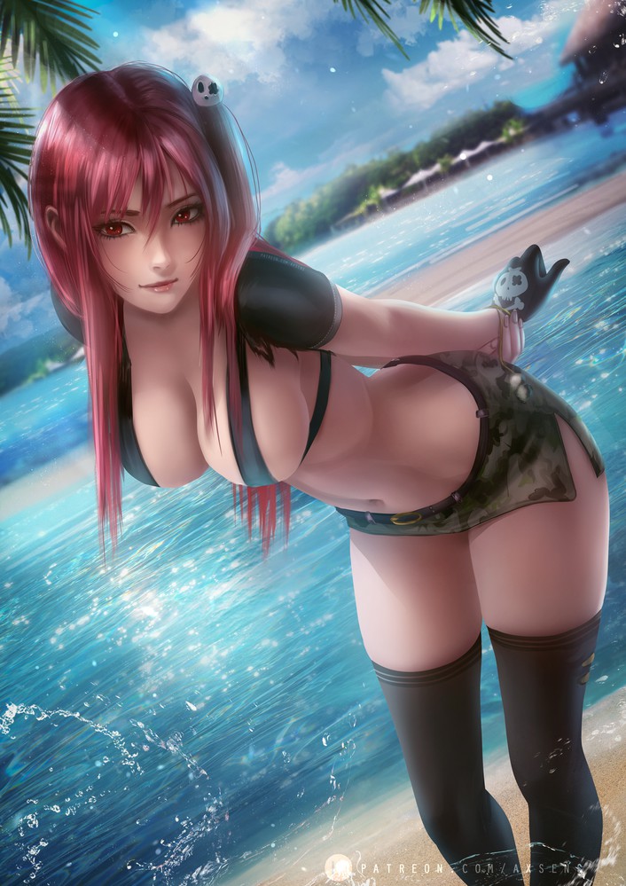 2019 axsens belly beltskirt black_bikini_top black_gloves brown_legwear camouflage_skirt cleavage dead_or_alive dead_or_alive_5 denim_skirt glove honoka_(doa) jean_skirt leaning_forward legwear long_hair looking_at_viewer miniskirt nylons patreon_username pink_hair red_eyes skirt smile watermark