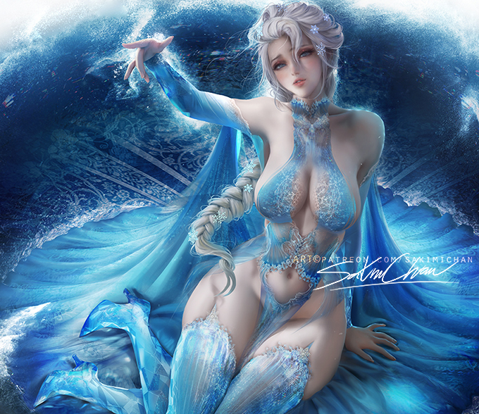 1girls, big breasts, boots, breasts, cleavage, disney, elsa (frozen), female, female only, frozen (film), high heel boots, high heels, large breasts, looking at viewer, sakimichan, shoes, solo, thick thighs, thigh boots, thighhighs, wide hips