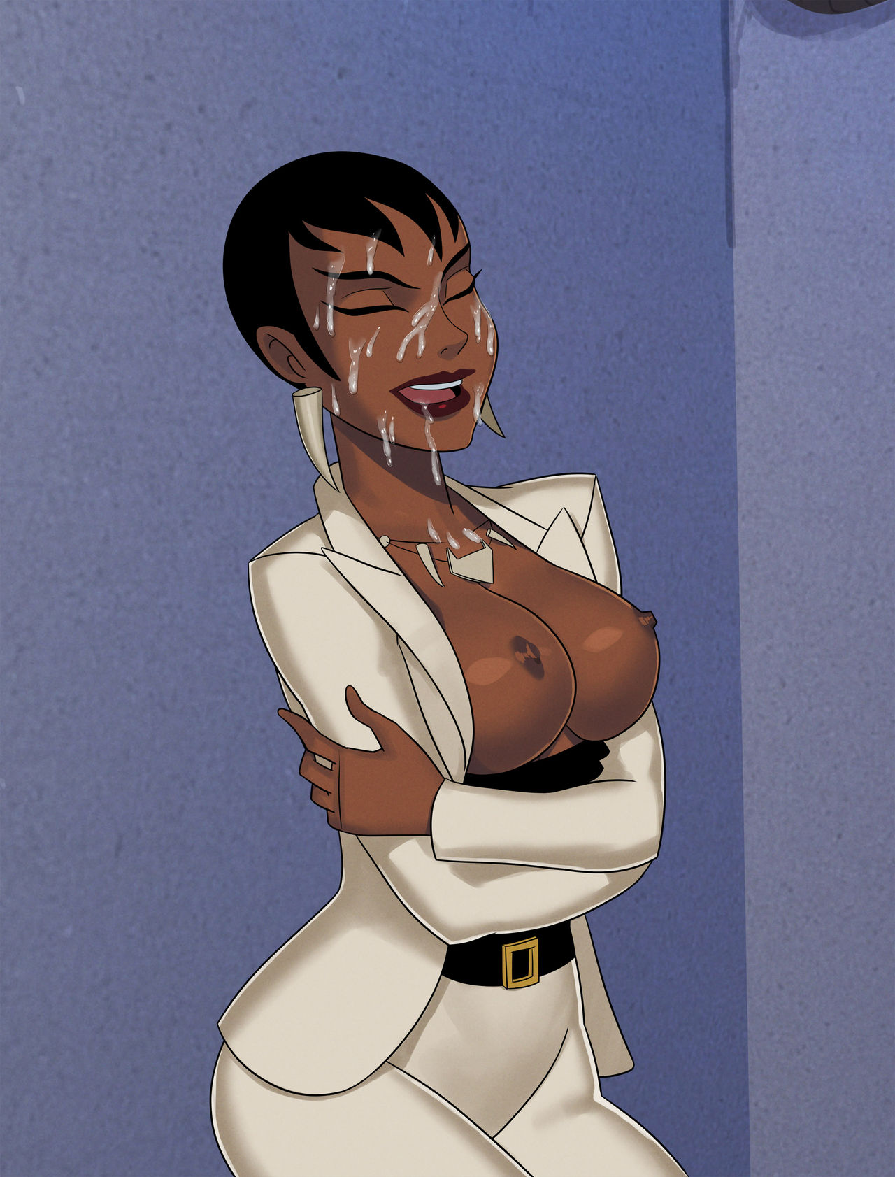 1girls, african, african female, areolae, belt, black female, black hair, blazer, breasts, breasts out, business suit, business woman, cleavage, closed eyes, cum, cum on face, dark skin, dark-skinned female, dc, dc comics, earrings, female, female only, human, large breasts, lipstick, mari jiwe mccabe, necklace, nipples, office, office lady, pants, perky breasts, short hair, solo, something unlimited, suit, sunsetriders7, tagme, thick thighs, vixen (dc)