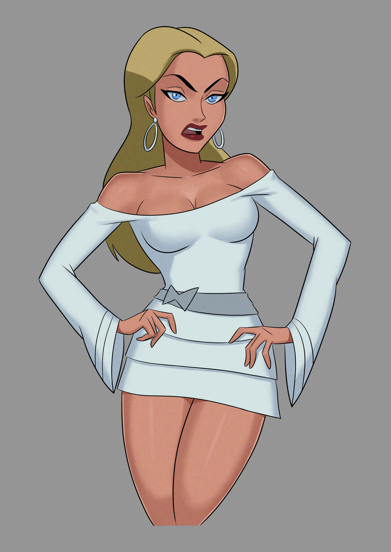 athletic bare_legs bare_shoulders blonde_hair blue_eyes bottomless breasts busty clothing dc dc_comics dcau dress female female_focus female_only hourglass_figure long_hair medium_breasts pinup pose posing princess princess_audrey royal royalty skimpy skimpy_dress solo sunsetriders7