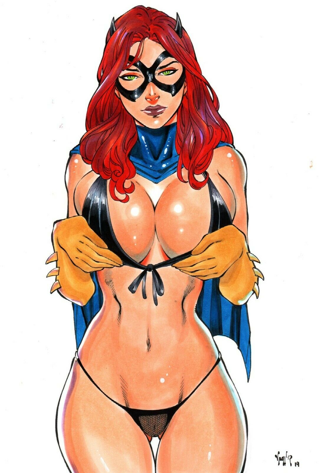 1girls 2019 barbara_gordon batgirl batman_(series) big_breasts black_bra black_lingerie black_mask black_panties black_thong blue_cape bra breasts busty cape dated dc dc_comics domino_mask ed_benes_studio eyeshadow female female_only gloves green_eyes highleg highleg_lingerie holding_breasts large_breasts light_smile lingerie lipstick long_hair looking_at_viewer makeup mascara mask masked_female panties pinup purple_lips purple_lipstick red_hair signature smile solo superheroine thong vagner_fernandes white_background yellow_gloves