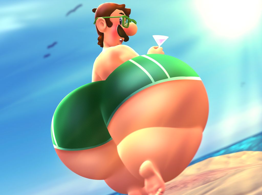 1boy, ass, beach, big ass, big butt, blue eyes, brown hair, champagne glass, cocktail glass, funny, glass, green shorts, huge ass, huge butt, humor, hyper, hyper ass, hyper butt, large ass, looking at viewer, looking back, louthepyro, luigi, male, male only, mario (series), meme, moustache, nintendo, outdoors, partially clothed, presenting hindquarters, rear view, sand, shorts, sky, solo, standing, swimsuit, thick thighs, what, wide hips