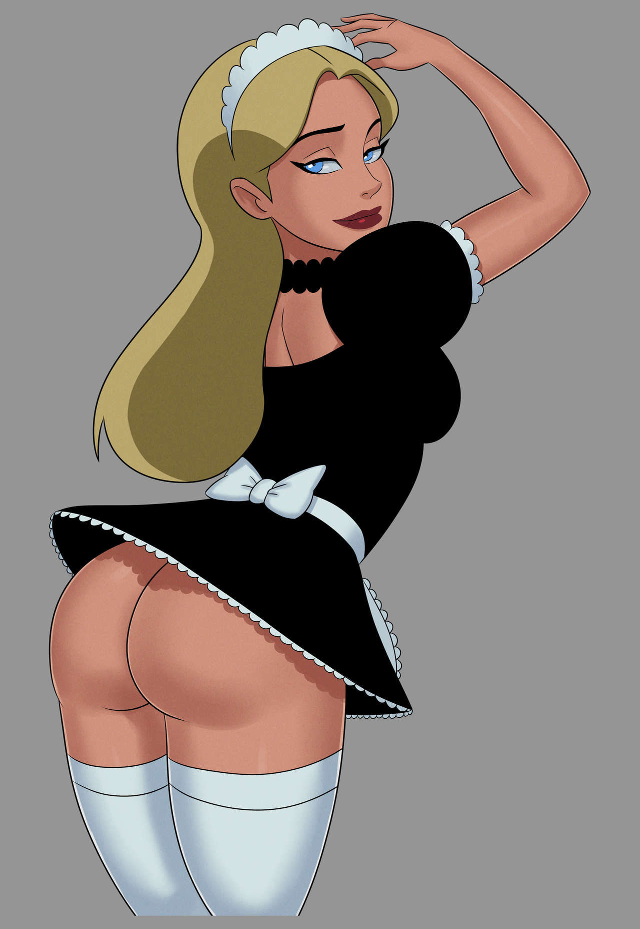 1girls arms_up ass athletic blonde_hair blue_eyes bottomless breasts bubble_butt busty clothing dc dc_comics dcau female female_focus female_only hourglass_figure long_hair looking_at_viewer maid maid_apron maid_headdress maid_uniform medium_breasts no_panties pinup pose posing presenting_hindquarters princess princess_audrey pussy red_lipstick royal royalty shaved_pussy smiling smiling_at_viewer solo sunsetriders7 tagme thighhighs upskirt vagina