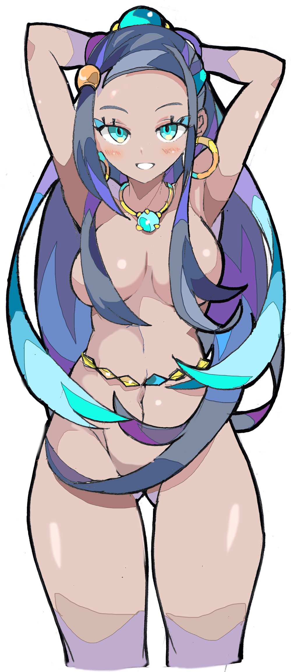 1girls alternate_breast_size arms_up arms_up_pose breasts dark_skin enpe eye_contact female female_only half-closed_eyes looking_at_viewer nessa_(pokemon) nintendo nude pokemon pokemon_ss solo thick_thighs thigh_gap wide_hips