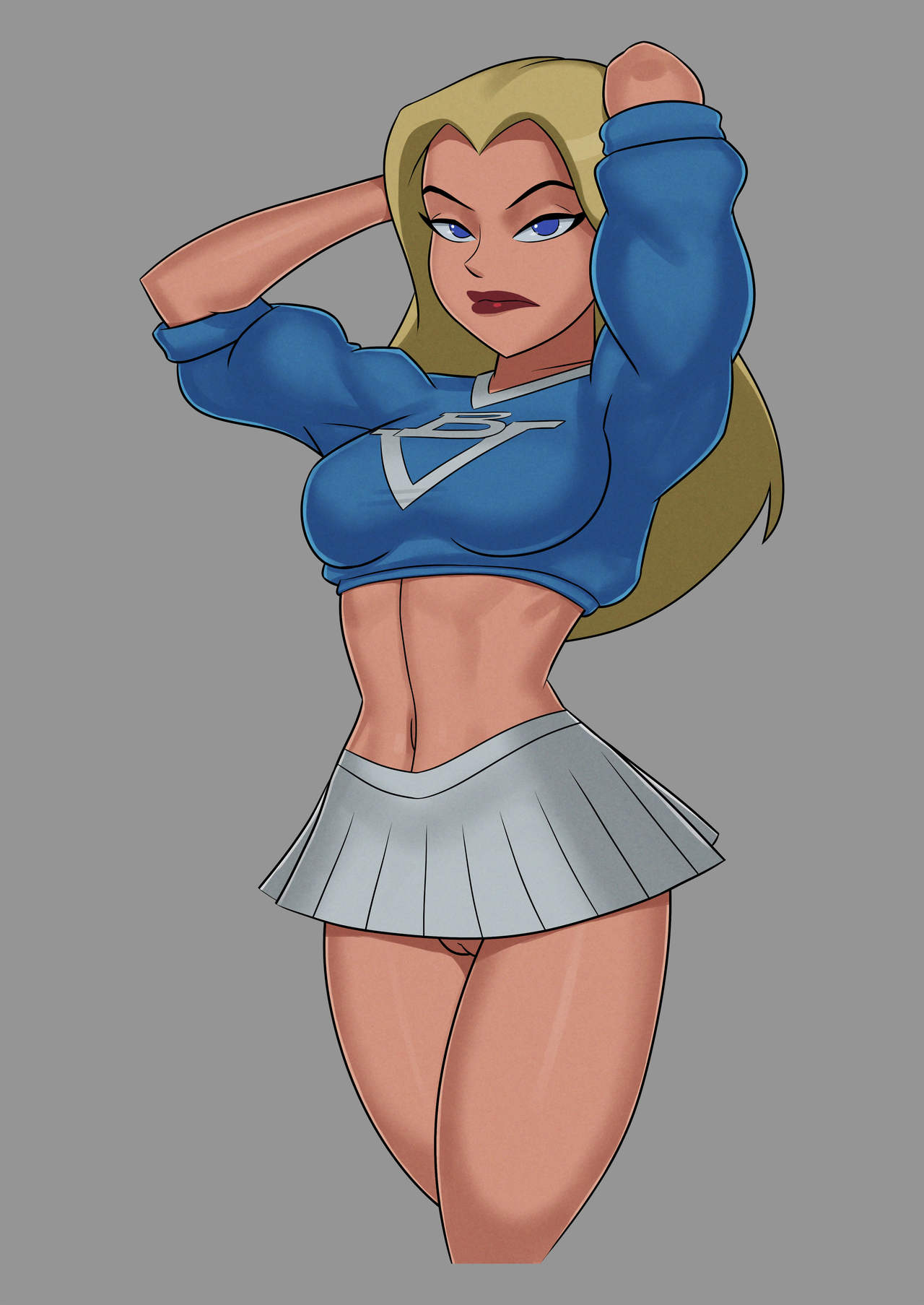 1girls arms_up athletic bare_legs bare_midriff blonde_hair blue_eyes bottomless breasts busty cheerleader cheerleader_uniform courtney_whitmore crop_top dc dc_comics dcau female female_focus female_only hands_behind_head justice_league justice_league_unlimited long_hair medium_breasts navel no_panties pinup pose posing pullover pussy shaved_pussy sleeves_rolled_up solo standing stargirl sunsetriders7 tagme thick_thighs upskirt vagina wide_hips