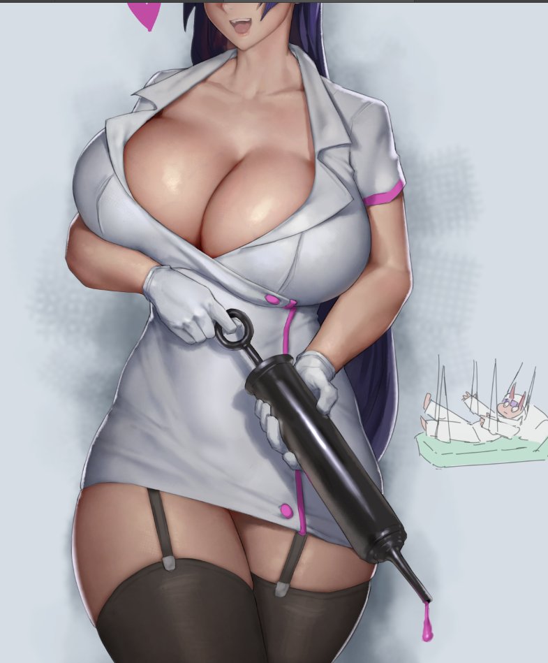 2girls, breasts, cleavage, eu03, fate (series), fate/grand order, female, female only, huge breasts, minamoto no raikou (fate/grand order), nurse, skirt, solo, syringe, thighhighs