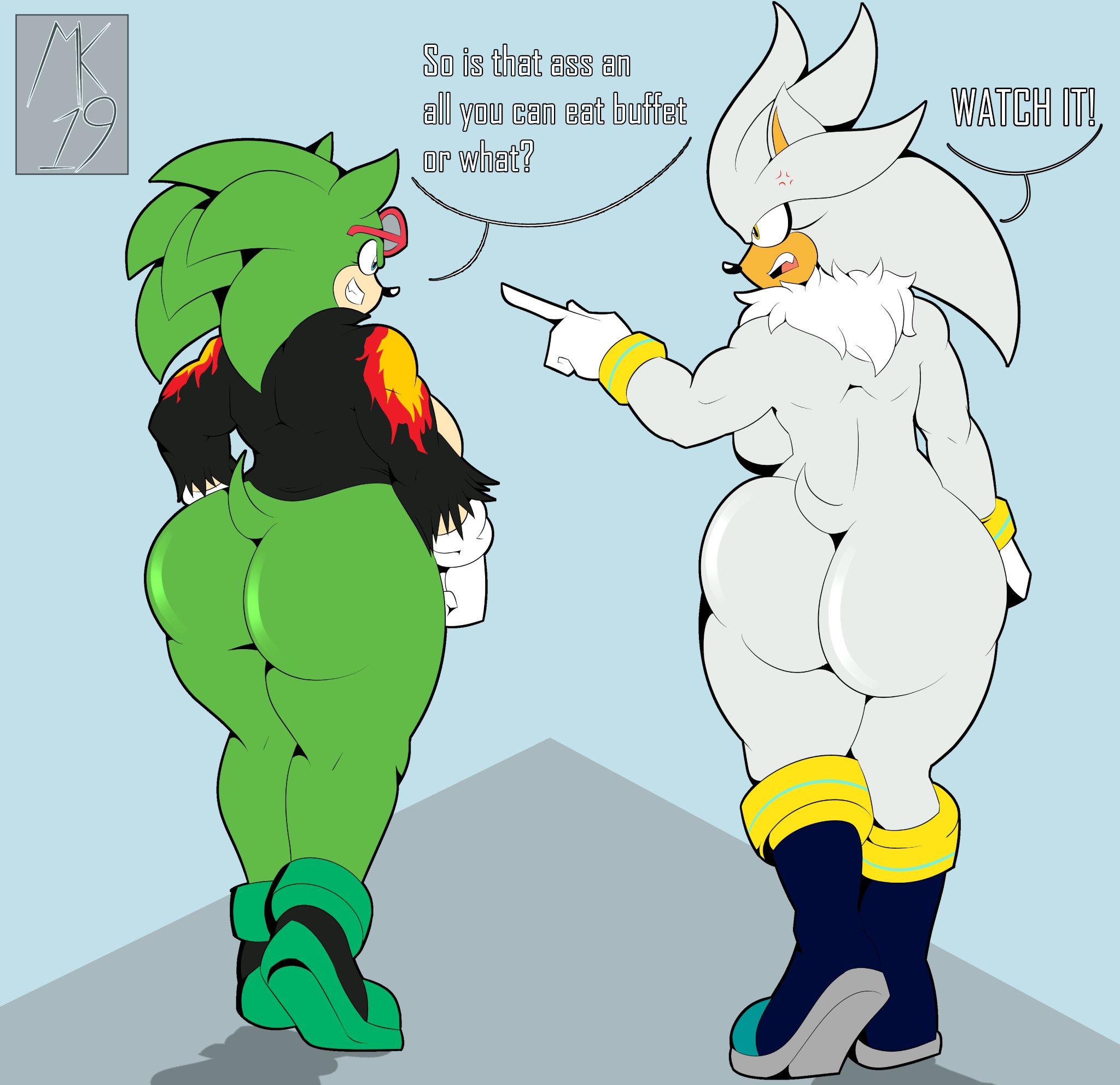 2girls, angry, anthro, ass, big ass, boots, commission, duo, female, female only, mklancer00, multiple females, multiple girls, naked boots, naked footwear, naked with shoes on, nude, pervert, rule 63, scourge the hedgehog, sega, silver the hedgehog, sonic (series), sonic the hedgehog (archie), sonic the hedgehog (comics), sonic the hedgehog (series)
