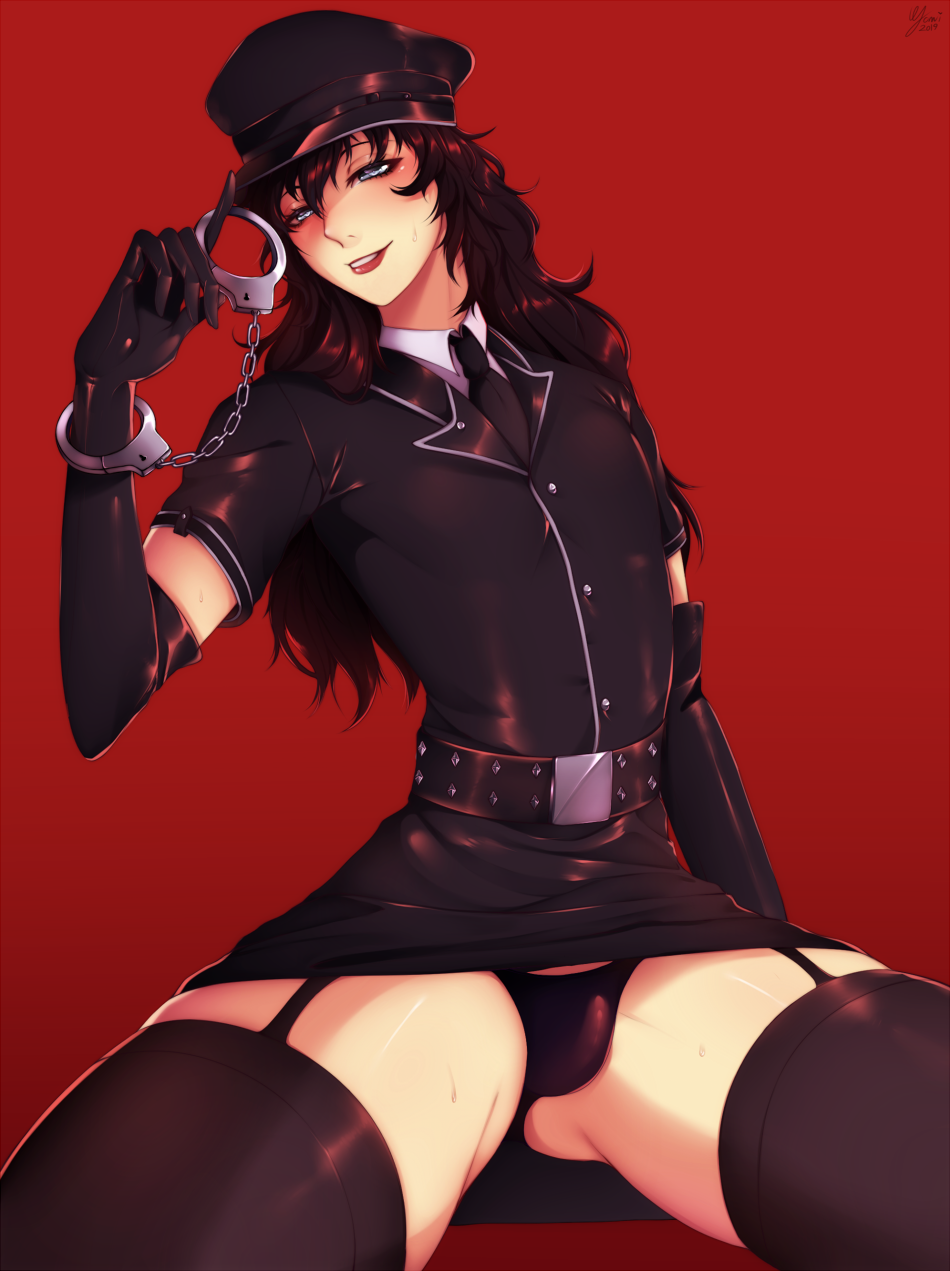 1boy akira_kurusu alternate_costume androgynous atlus balls_in_panties black_hair buckle bulge crossdressing cuffs elbow_gloves femboy garter_belt garter_straps girly gloves gomi-cake handcuffs hat highres joker_(persona) lipstick makeup male male_focus male_only megami_tensei necktie panty_bulge peaked_cap penis_in_panties penis_under_skirt persona persona_5 persona_5:_dancing_star_night police police_uniform ren_amamiya skirt smile solo sweat thighhighs thong trap uniform