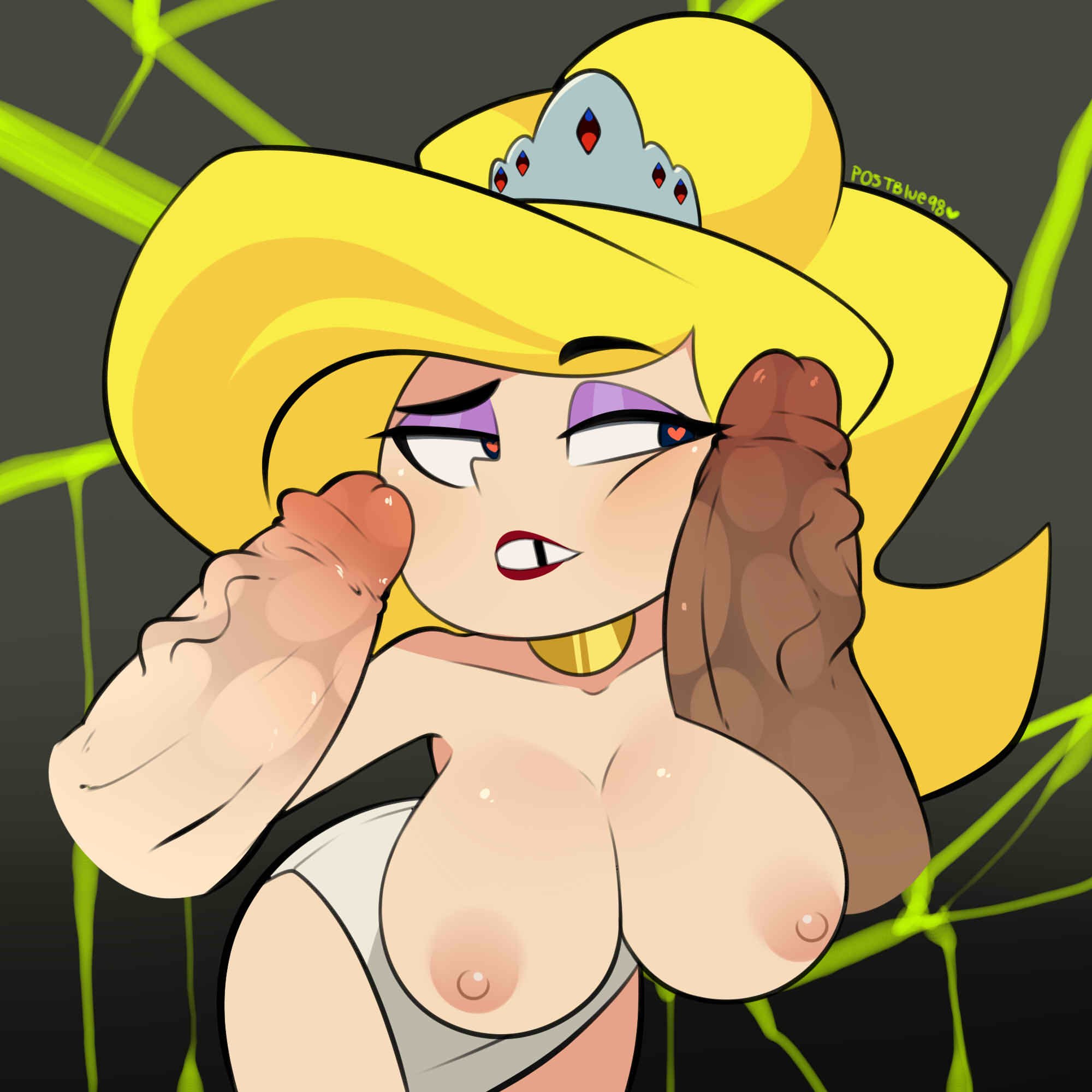 1girls, 2boys, areolae, blonde hair, breasts, breasts out, cartoon network, cheek rubbing penis, choker, crown, curved to the right penis, dark skin, dark-skinned male, eris (billy and mandy), eyeshadow, female, female focus, heart-shaped pupils, huge breasts, imminent oral, interracial, large breasts, lipstick, long hair, male, nipples, partial male, penis, postblue98, red lipstick, rubbing penis, rubbing penis on cheek, rubbing penis on face, solo focus, straight, the grim adventures of billy and mandy, threesome