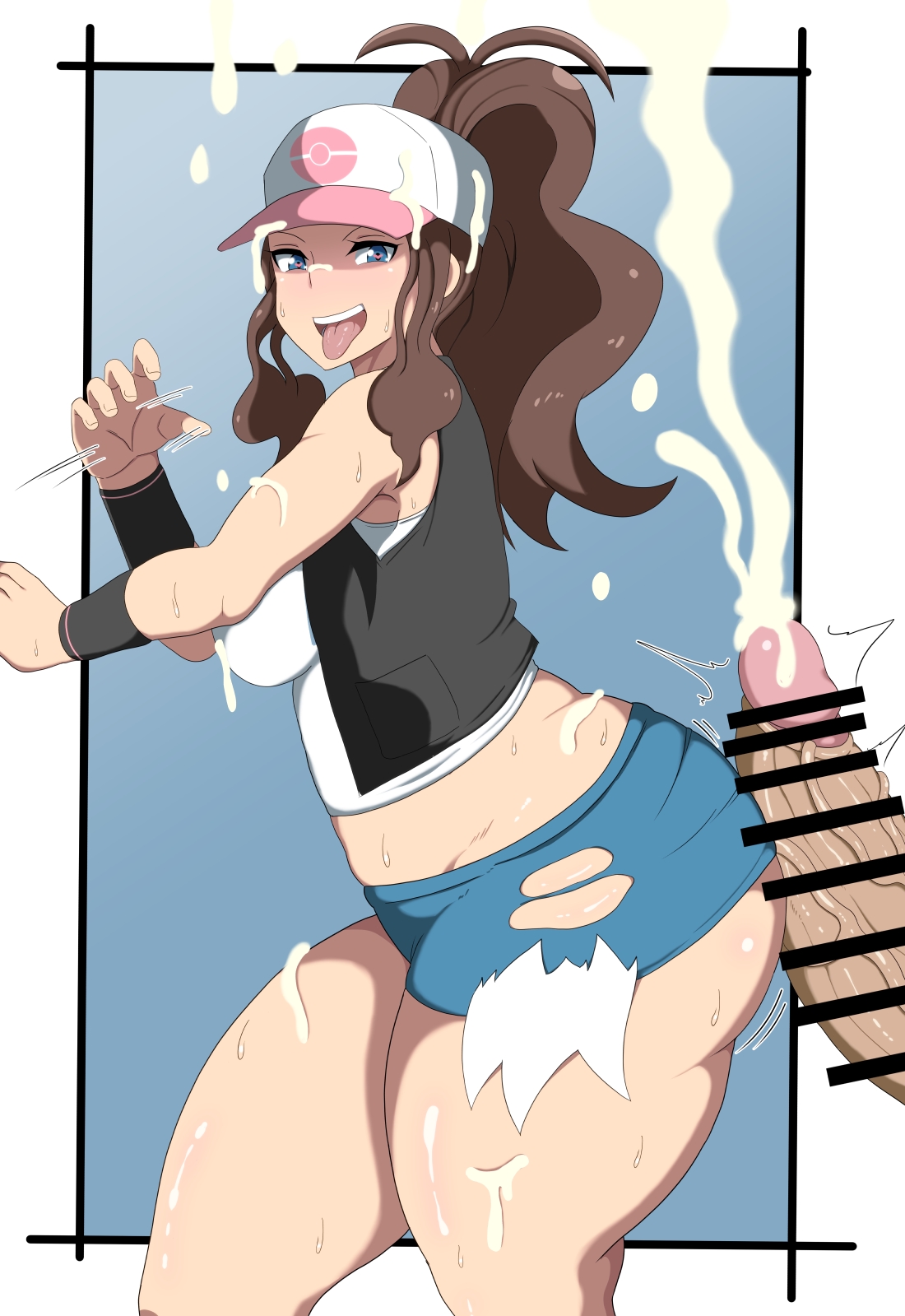 1girls, ahe gao, alternate breast size, ass, big ass, breasts, bubble ass, bubble butt, clothed, cum, female, handjob gesture, heart-shaped pupils, hilda (pokemon), huge ass, human, human only, male, moaning, naughty face, orgasm, oryuto, penis, pokemon, pokemon bw, seductive, seductive smile, shorts, smile, thick thighs, tongue, tongue out, wide hips