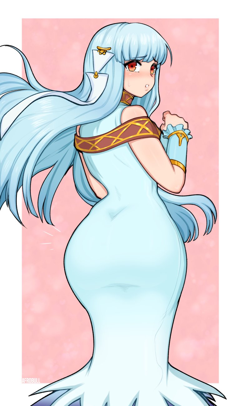 1girls, afrobull, amber eyes, ass, ass in dress, ass visible through clothes, bangs, bare shoulders, big ass, big butt, blush, blushing, dress, female, female only, fire emblem, fire emblem heroes, fire emblem: the blazing blade, fully clothed, hips, hourglass figure, huge ass, large ass, large butt, light blue hair, lips, long hair, looking at viewer, looking back, nervous, ninian (fire emblem), nintendo, shy, solo, solo female, sweat, thick, thick ass, thick thighs, thighs, under clothes, voluptuous, wide hips, wrist cuffs