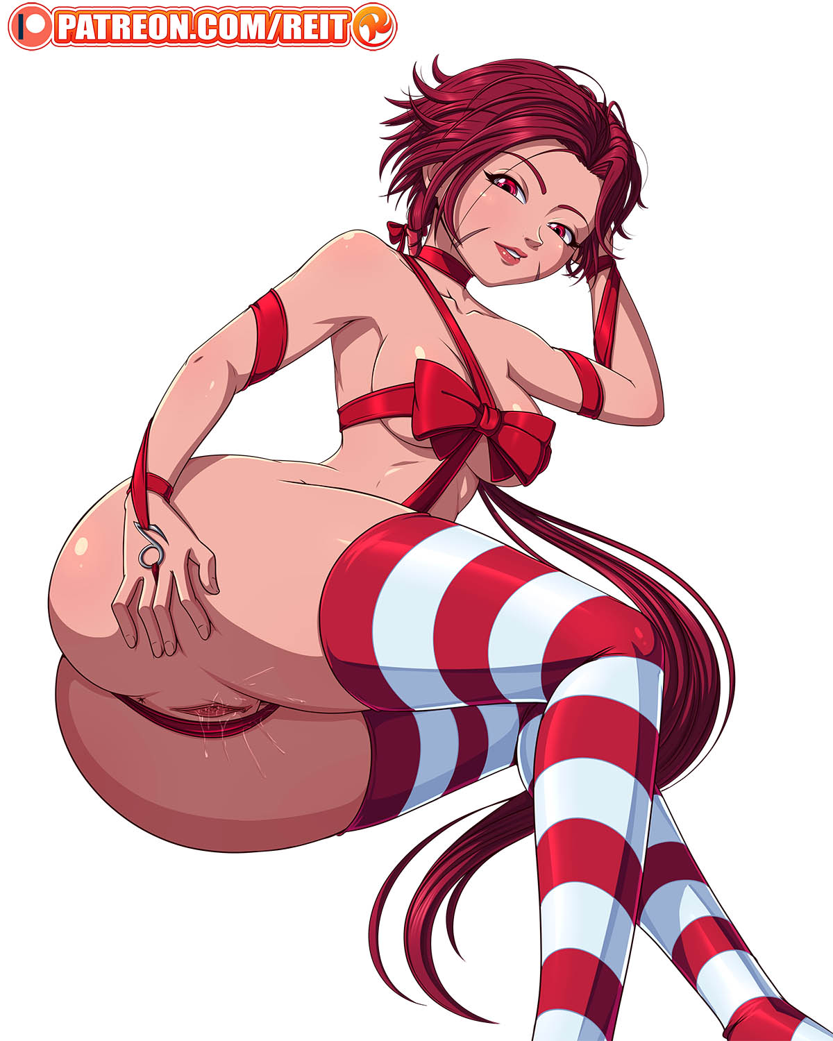 1girls, ass, christmas outfit, female, female only, forte (crystalplanet00), from behind, looking at viewer, looking back, original, original character, patreon, pussy, red eyes, red hair, reit, solo, spread ass, spread pussy, thighhighs, wet pussy, white background