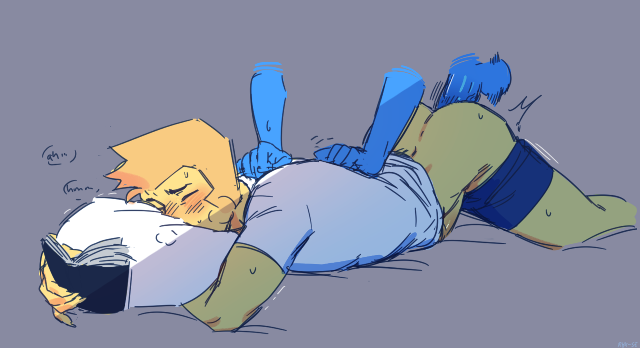 2boys, anal, anal sex, ass, balls, blue diamond (steven universe), blue penis, blue skin, blush, blush lines, book, bottomless, cartoon network, closed eyes, clothed sex, clothing, diamond authority, disembodied hands, disembodied penis, duo, erection, from behind, gay, gem (species), lying, male, moaning, partially clothed, penis, penis in ass, pillow, reading, reading book, rhx-se, rule 63, sex, shirt, short hair, sketch, steven universe, taken from behind, underwear, underwear down, white shirt, yaoi, yellow body, yellow diamond (steven universe), yellow hair, yellow skin