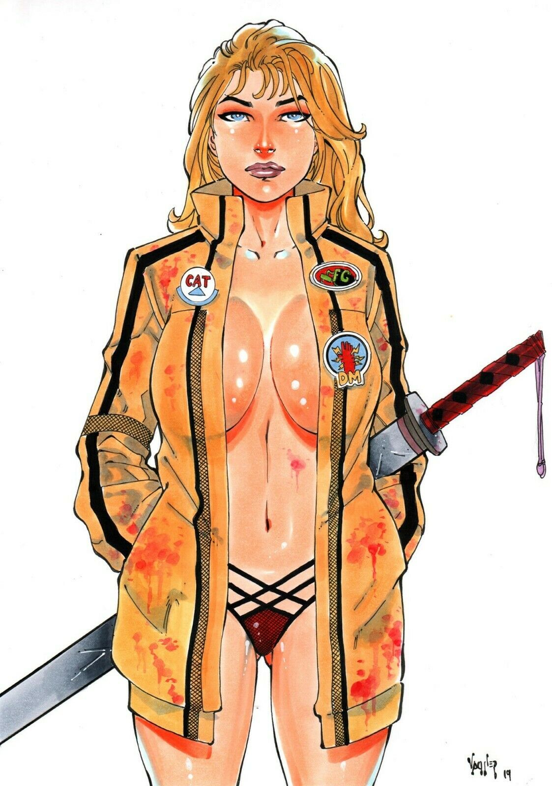 1girls 2019 beatrix_kiddo big_breasts blonde_hair blue_eyes breasts busty cleavage color colored cowboy_shot dated ed_benes_studio female female_focus female_only fit fit_female hands_in_pockets huge_breasts human human_only jacket kill_bill large_breasts light-skinned_female light_skin lipstick long_hair milf navel no_bra panties pinup red_panties red_thong signature solo solo_female sticker sword the_bride thighs thong traditional_media turtleneck uncensored underwear vagner_fernandes voluptuous voluptuous_female weapon white_background wide_hips yellow_jacket