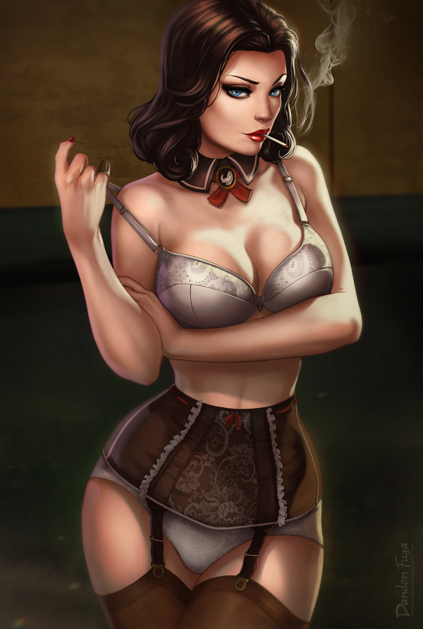 1girls, 2d, bioshock, bioshock infinite, black hair, blue eyes, burial at sea, cigarette, dandon fuga, elizabeth comstock, elizabeth comstock (burial at sea), female, pose, undressing, white panties