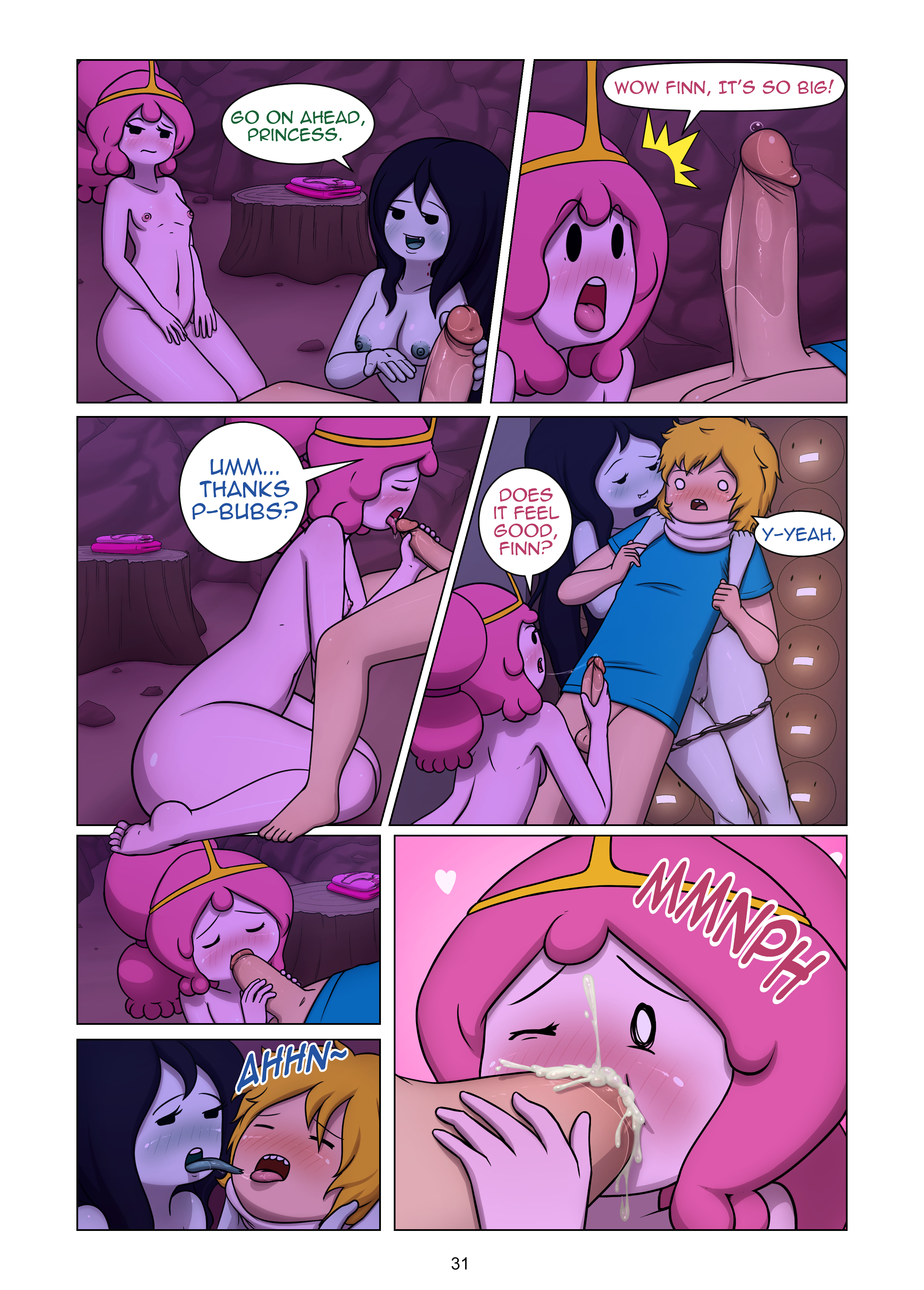 1boy, 2girls, adventure time, blowjob, breasts, cartoon network, comic, cubbychambers, cum, cum in mouth, fellatio, female, finn the human, male, marceline, penis, penis awe, princess bubblegum, pussy, shock, shocked, shocked expression, shocked eyes, speech bubble, surprised, tagme, text