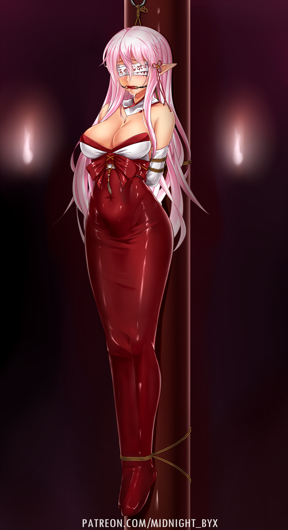 1girls, arms behind back, bare shoulders, bit gag, blindfold, bondage, bondage outfit, bound, bound ankles, bound arms, breasts, cleavage, covered navel, detached collar, detached sleeves, drooling, encasement, eyebrows visible through hair, facing viewer, female, female only, gag, gagged, highres, large breasts, latex, long hair, midnight (banyex), original, patreon username, pink hair, pointy ears, rope, solo, suspension, watermark, web address