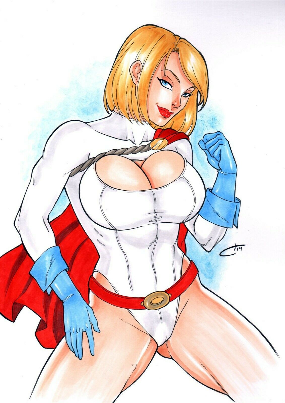 1girls 2019 ass_visible_through_thighs big_breasts blonde_hair blue_eyes blue_gloves breasts busty cape carla_torres cleavage dated dc dc_comics ed_benes_studio eyeshadow female female_only gloves justice_society_of_america kara_zor-l karen_starr large_breasts leotard lipstick looking_at_viewer makeup mascara pinup power_girl red_cape red_lips red_lipstick short_hair signature smile solo superheroine superman_(series) thighs traditional_media white_leotard