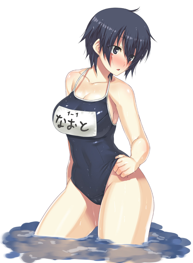 big breasts, blue hair, breasts, female, persona, persona 4, shirogane naoto, swimsuit, wet