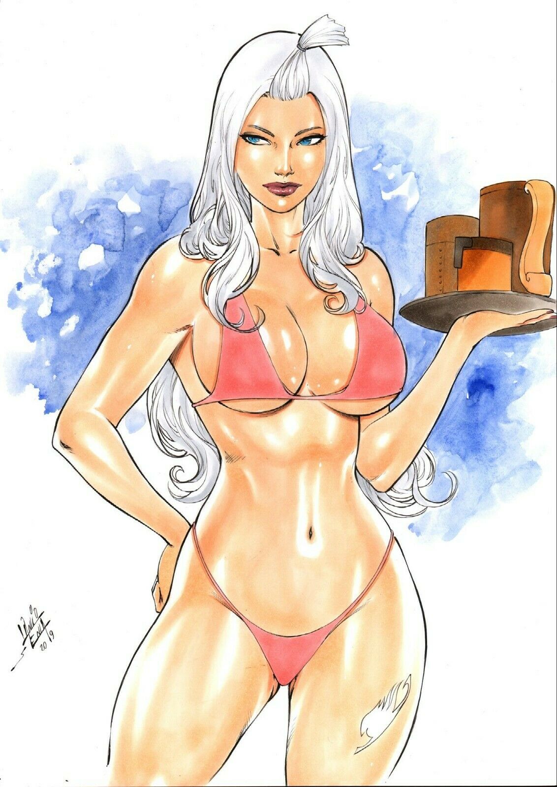 1girls, 2019, belly button, big breasts, bikini, bikini bottom, bikini top, blue eyes, bra, breasts, busty, dated, ed benes studio, eyeshadow, fairy tail, fairy tail mark, female, female only, hand on hips, holding object, holding platter, lanio sena, large breasts, leg tattoo, lipstick, long hair, looking to the side, makeup, mascara, midriff, mirajane strauss, mug, navel, panties, pink bikini, pink bikini bottom, pink bikini top, pink bra, pink panties, pink thong, pinup, platter, red lips, red lipstick, signature, smile, solo, standing, stomach, tattoo, thigh tattoo, thighs, thong, traditional media, waitress, white hair, white tattoo, white-haired female