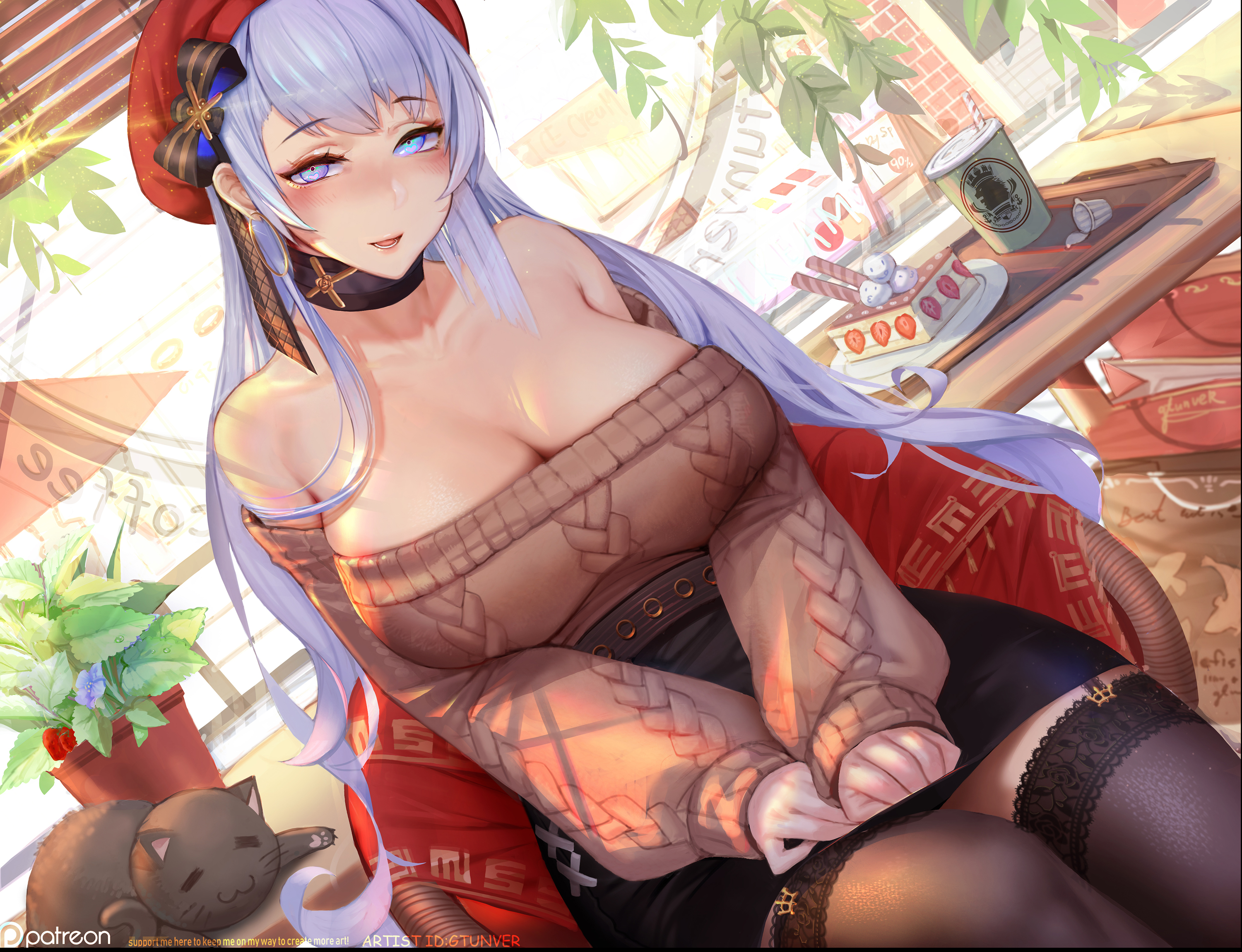 1girls, absurdres, azur lane, belfast (azur lane), belfast (shopping with the head maid) (azur lane), big breasts, breasts, cleavage, female, female only, gtunver, highres, large breasts, looking at viewer, solo, thighhighs
