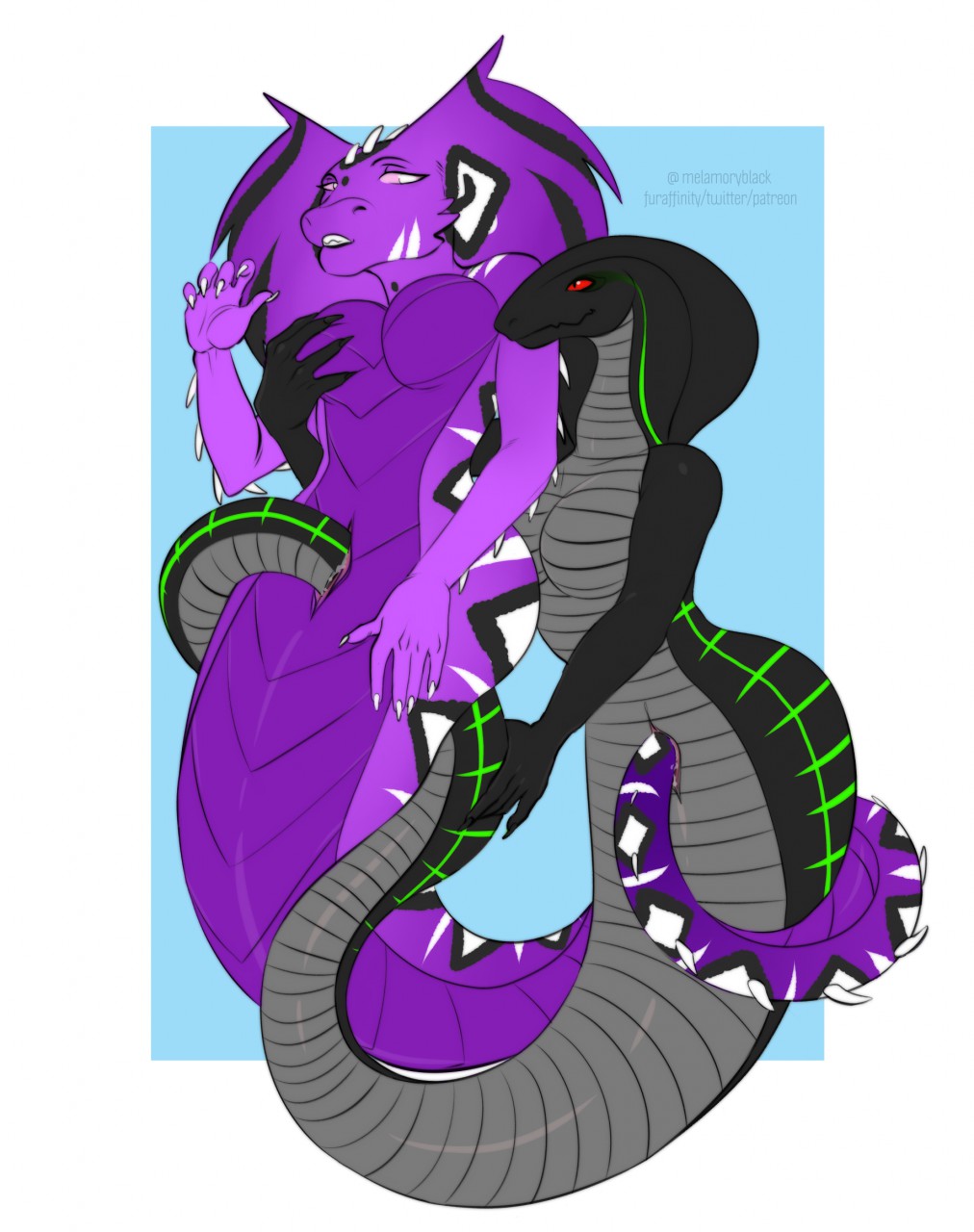 2019 5_fingers breasts duo female female/female fingers hi_res melamoryblack naga non-mammal_breasts penetration red_eyes reptile scalie serpentine sex smile snake tail_sex vaginal_penetration yuri