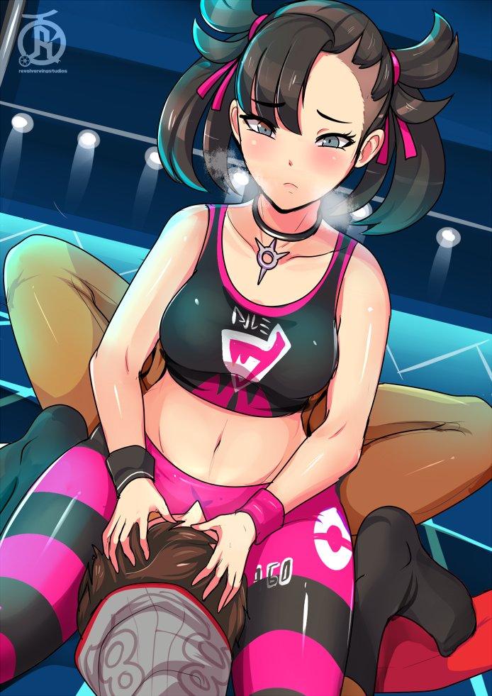 1boy, 1girls, abs, alternate breast size, alternate outfit, belly, blue eyes, breasts, brown hair, choker, clothed, color, cunnilingus, facesitting, feet, female, gym uniform, half-closed eyes, hat, heavy breathing, human, leggings, male, marnie (pokemon), midriff, navel, nintendo, on top, oral, pokemon, pokemon ss, revolverwingstudios, short hair, small breasts, sportswear, straight, tank top, text, twintails, victor (pokemon), watermark, wide hips