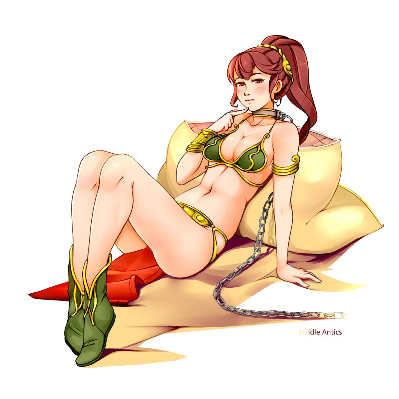 anna (fire emblem), bondage, boots, bound, breasts, brown hair, chains, collar, crossover, female, female only, femsub, fire emblem, idle antics, large breasts, loincloth, navel, nintendo, pillow, red eyes, red hair, shackles, slave, slave bikini, slave collar, slave leia (cosplay), star wars