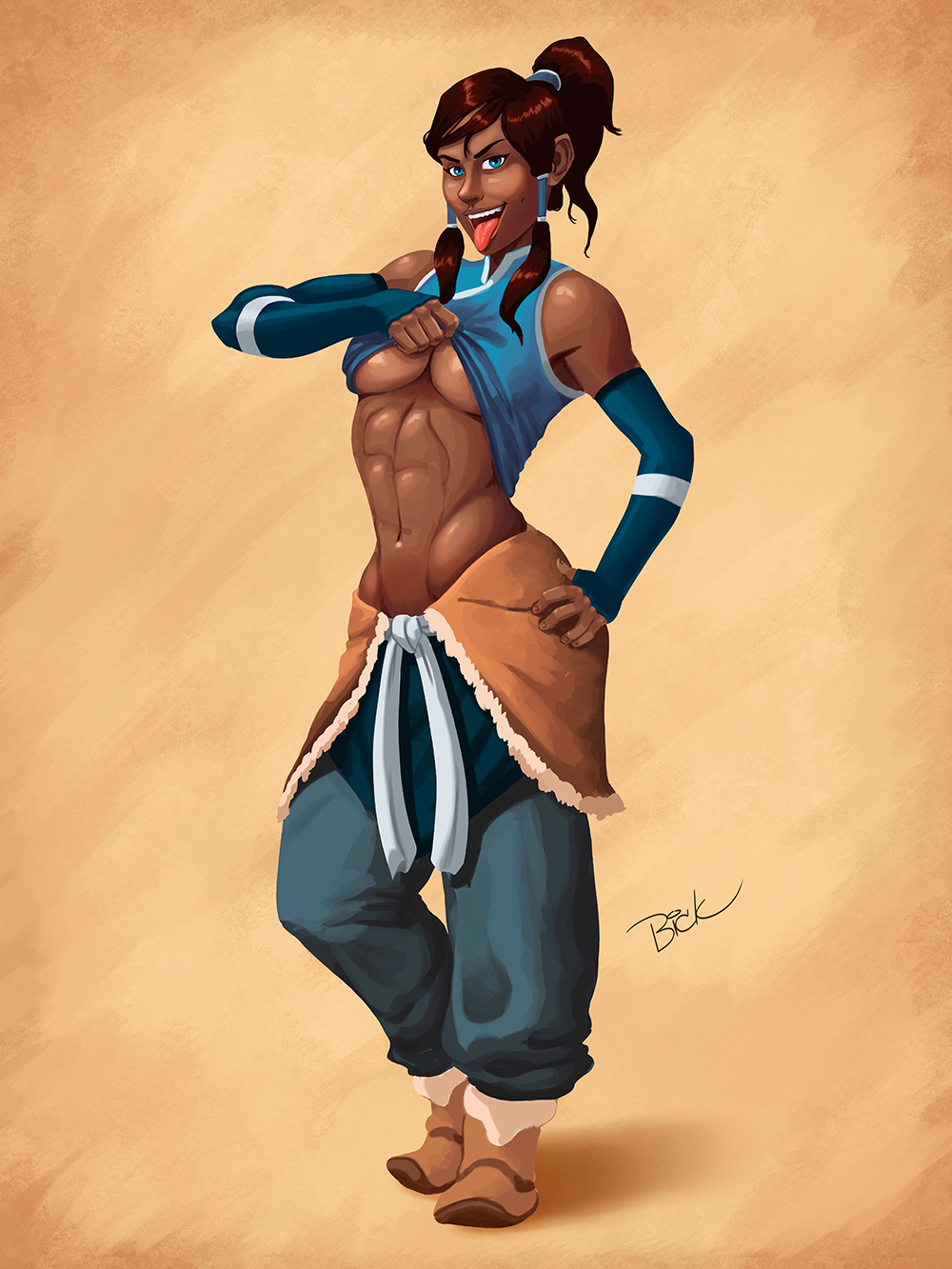 1girls abs arm_sleeves artist_name avatar_legends baggy_pants bare_shoulders belt bicksmut blue_eyes boots breasts busty clothing confident dark-skinned_female dark_skin female female_focus female_only fit fit_female full_body fully_clothed hand_on_hip hourglass_figure korra long_hair looking_at_viewer medium_breasts muscles muscular muscular_female navel nickelodeon pelt pinup ponytail pose posing shirt_lift six_pack smooth_skin solo standing striptease the_avatar the_legend_of_korra tied_hair tight_shirt toned tongue tongue_out underboob upper_teeth water_tribe wide_hips