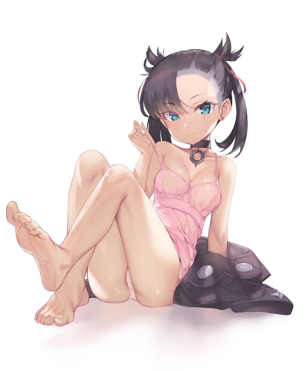 1girls, alternate breast size, ass, barefoot, black hair, blue eyes, blush, breasts, cleavage, dress, eye contact, feet, female, foot fetish, foot up, hair over one eye, half-closed eyes, human, human only, jacket, looking at viewer, marnie (pokemon), nintendo, pink dress, pokemon, pokemon ss, soles, thick thighs, toes, wide hips