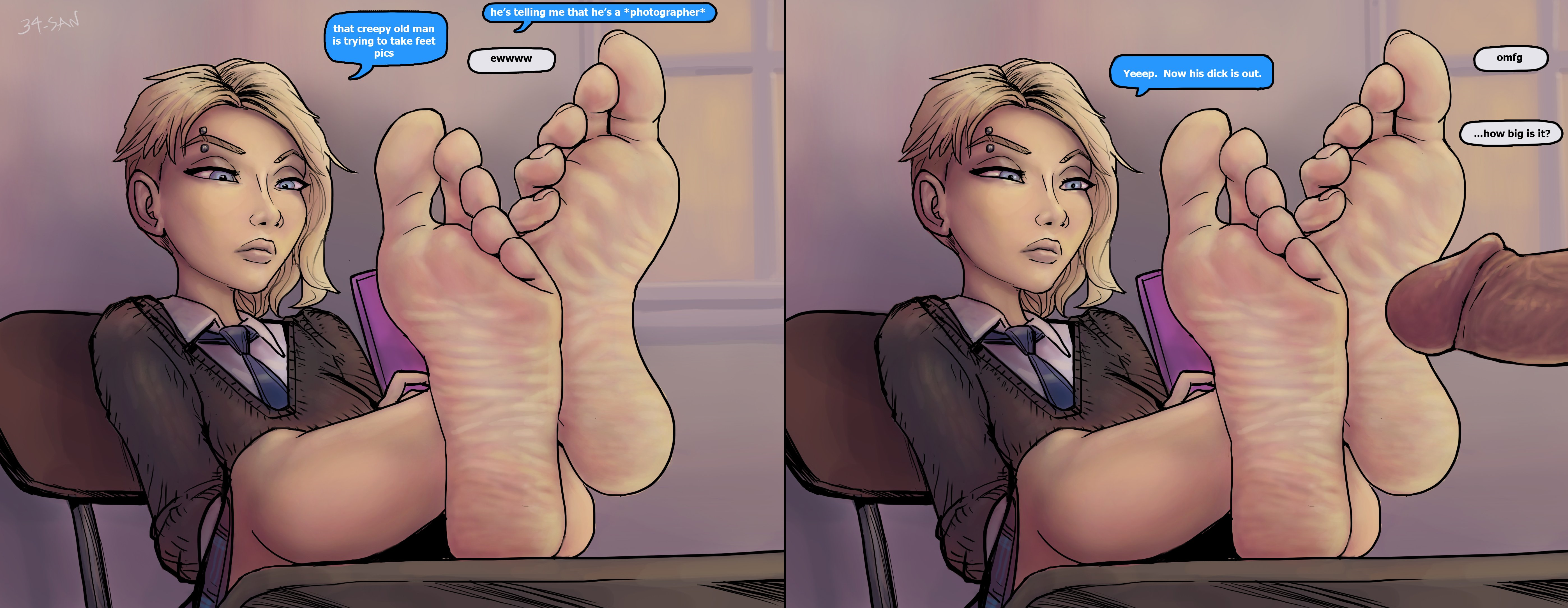 34-san, asymmetrical hair, bare legs, barefoot, blonde hair, blue eyes, breasts, busty, clothed female, crossed legs, english text, eyebrow piercing, eyelashes, feet, feet up, female, female focus, foot fetish, foot focus, glans, gwen stacy, legs up, light skin, light-skinned male, male, marvel, marvel comics, penis, phone, piercing, school uniform, schoolgirl, short hair, sitting, skirt, soles, spider-gwen, spider-man (series), spider-man: into the spider-verse, tagme, text, texting, thick lips, tie, toes