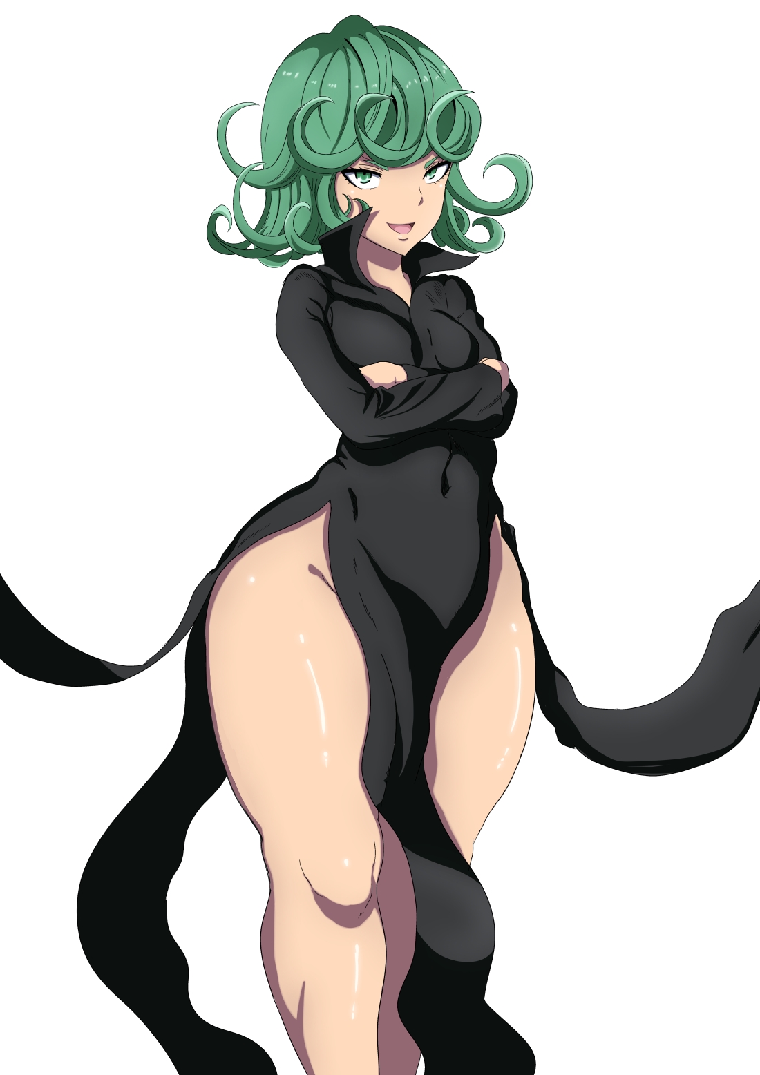 1girls, breasts, female, female only, green eyes, green hair, highres, narrow shoulders, one-punch man, oryuto, solo, tatsumaki, thick thighs, thin arms, thin waist, wide hips