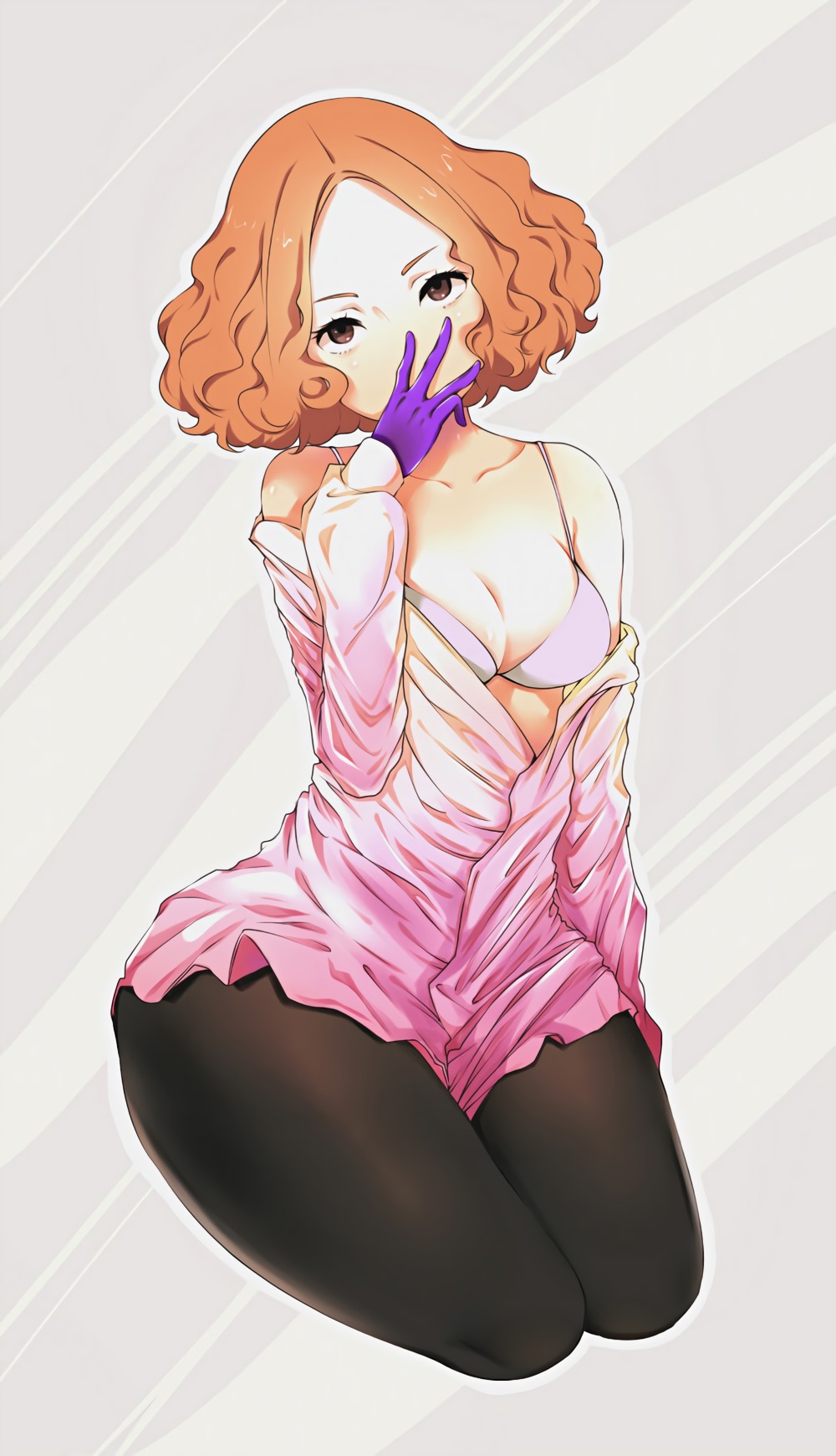 1girls, big hips, black legwear, bra, breasts, cleavage, female, female only, fluffy hair, gloves, haru okumura, kneeling, open clothes, open shirt, orange hair, persona, persona 5, short hair, solo, stockings, wide hips