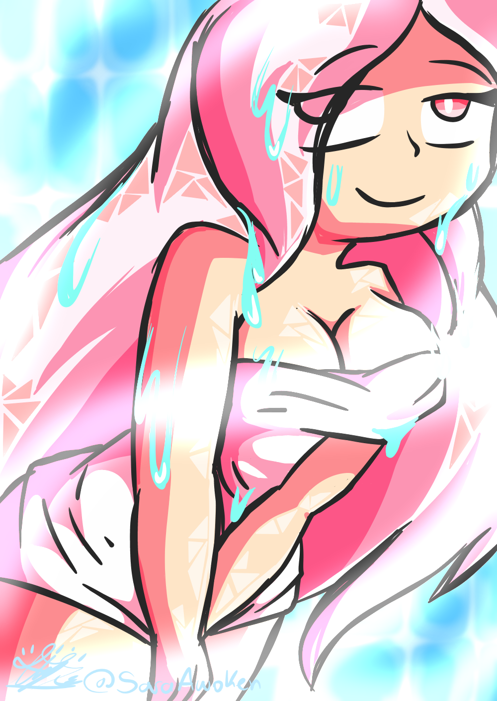 1girls ami_(gwain_saga) gwain_saga looking_at_viewer pink_eyes pink_hair saraawoken shower smile towel