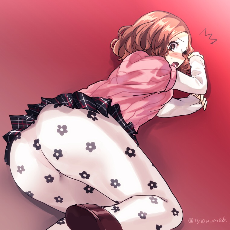1girls, ass, big ass, blush, embarrassed, female, female only, fluffy hair, haru okumura, light brown hair, persona, persona 5, school uniform, short hair, skirt lift, solo, stockings, surprised, thick thighs