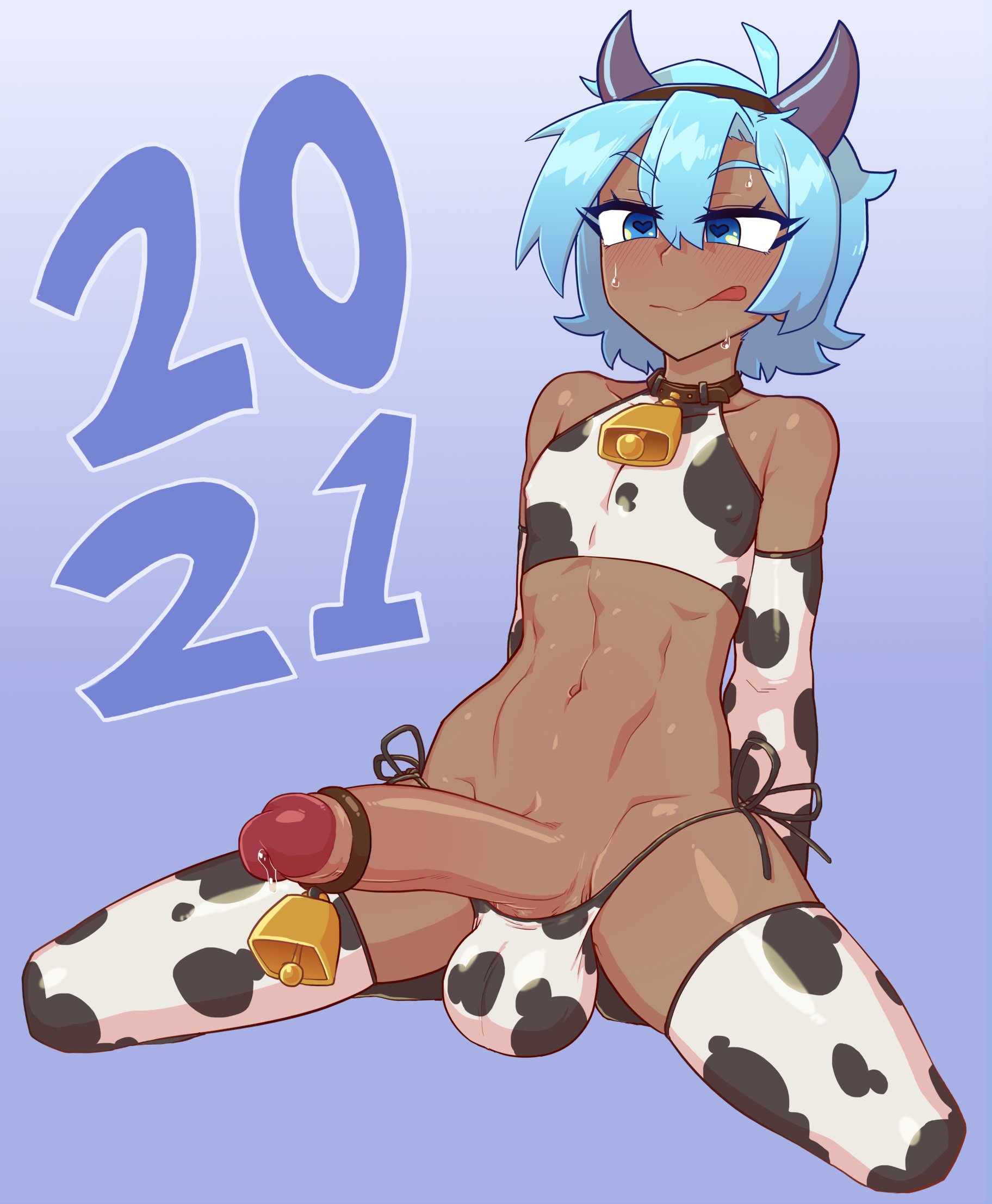 1boy, 2021, balls, balls in panties, big balls, big penis, bikini bottom, blue eyes, blue hair, cecil (loafd), clothed, clothing, cock ring, collar, cow bell, cow print, cowbell, dark skin, dark-skinned femboy, dark-skinned male, elbow gloves, erection, femboy, girly, gloves, headband, headgear, heart-shaped pupils, horns, human, hung trap, kneeling, male, male only, mostly nude, original character, penis, short hair, sitting, solo, sweat, thetenk, thighhighs, tongue, tongue out, trap, year of the ox