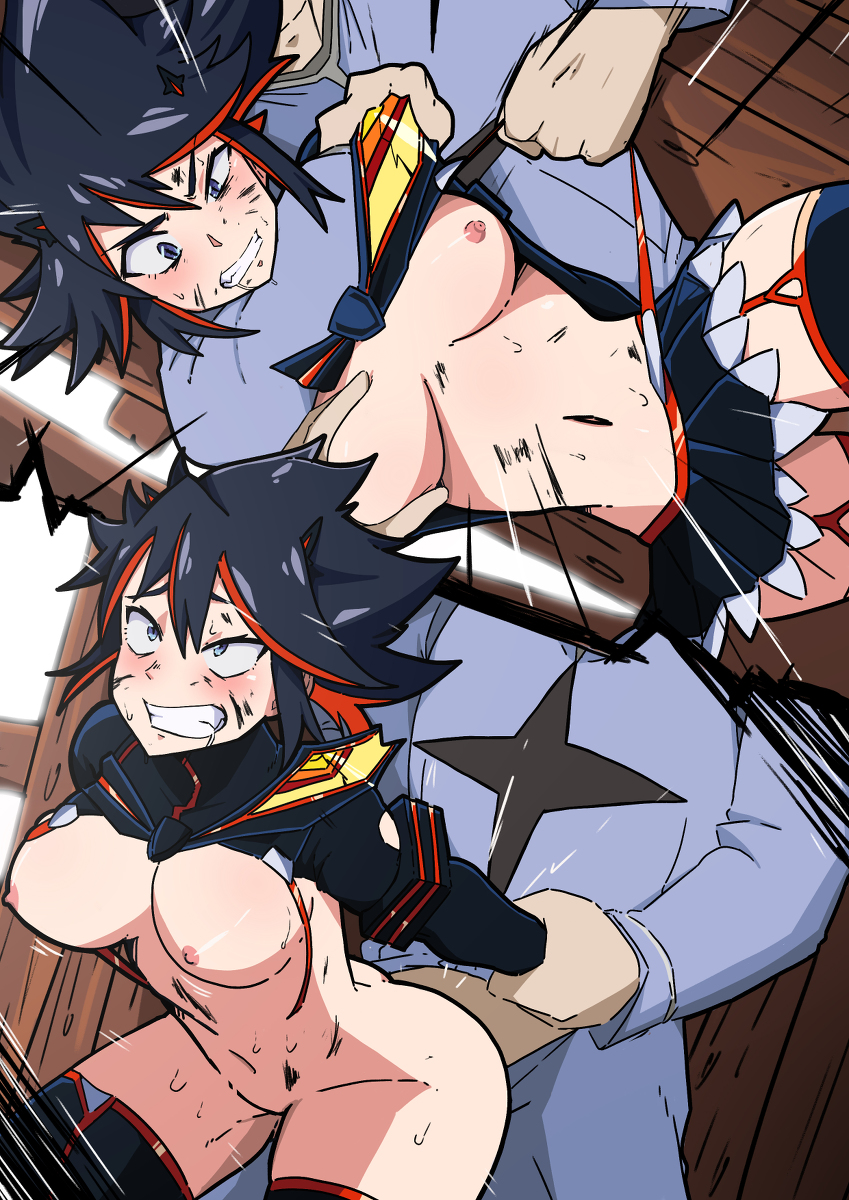 1boy, 1girls, ahe gao, black hair, black legwear, black-haired female, blue eyes, breast grab, breasts, clenched teeth, defeat sex, defeated, defeated heroine, doggy style, exposed breasts, female, femsub, forced exposure, fucked silly, kill la kill, male, maledom, mark gavatino, matoi ryuuko, medium breasts, miniskirt, multicolored hair, no bra, no panties, prison guard position, rape, senketsu, short hair, slave, stockings, streaked hair, submissive, submissive female, suspenders, sweat, thighhighs, torn clothes, torn clothing