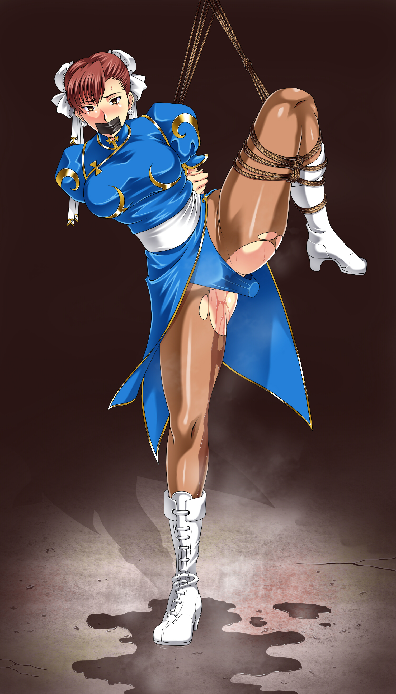 1girls, arms behind back, big breasts, black tape, blushing, boots, bound, bound arms, bound leg, breasts, brown hair, busty, chun-li, clothed, defeated, dildo, dildo under clothes, earrings, female, female only, femsub, gag, gagged, high heel boots, large breasts, leg up, leotard, looking at viewer, pantyhose, pussy, pussy juice, restrained, rope, rope bondage, solo, street fighter, sweat, sweatdrop, sweating, tagme, tape, tape gag, taped mouth, tied, tied up, torn clothes, torn pantyhose, vibrator, vibrator under clothes, wet