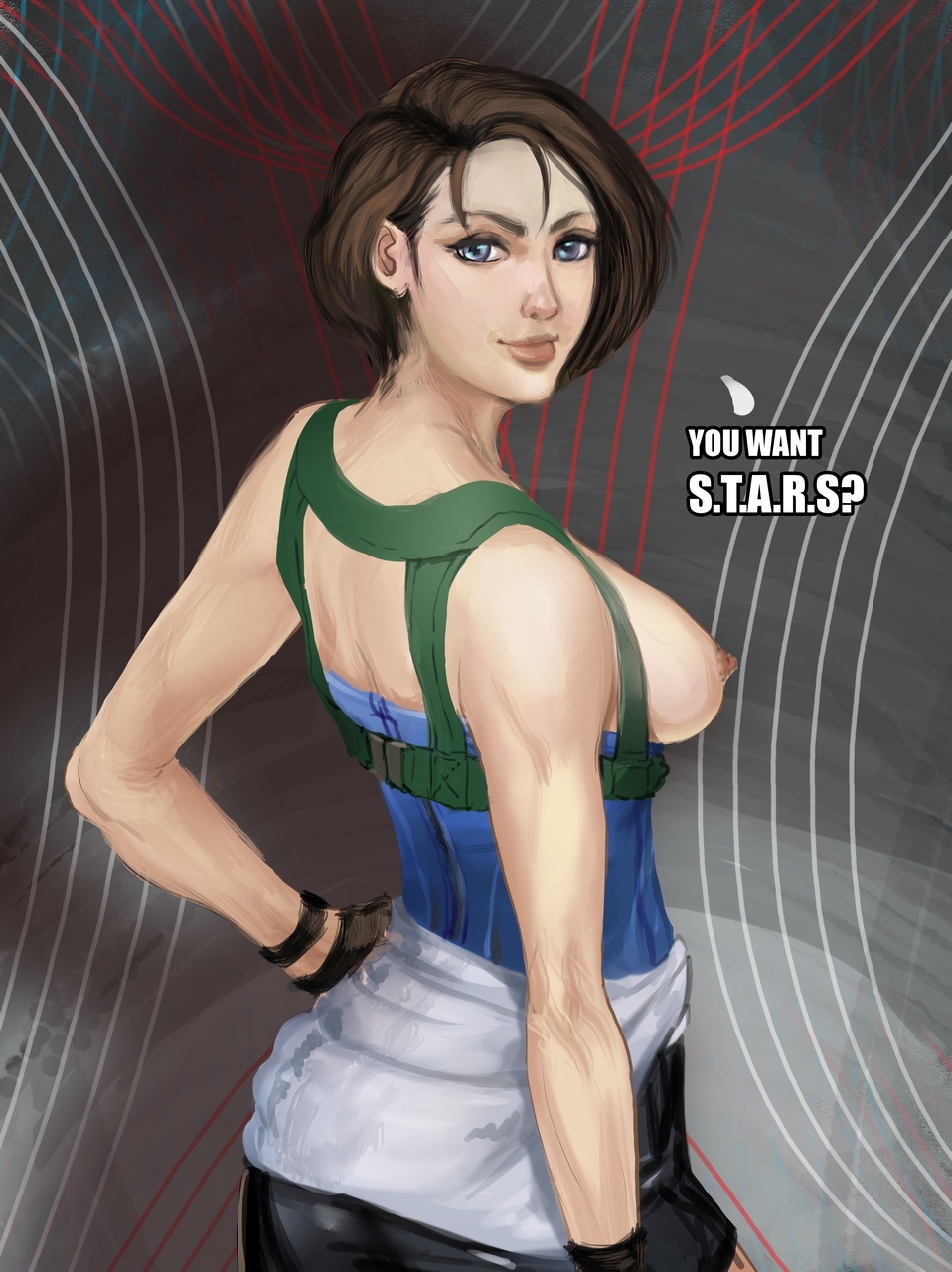 1girls areolae breasts brown_hair capcom clothing english_text female female_only hair jill_valentine jill_valentine_(julia_voth) nesoun nipples repaint resident_evil resident_evil_3 sideboob solo text video_games