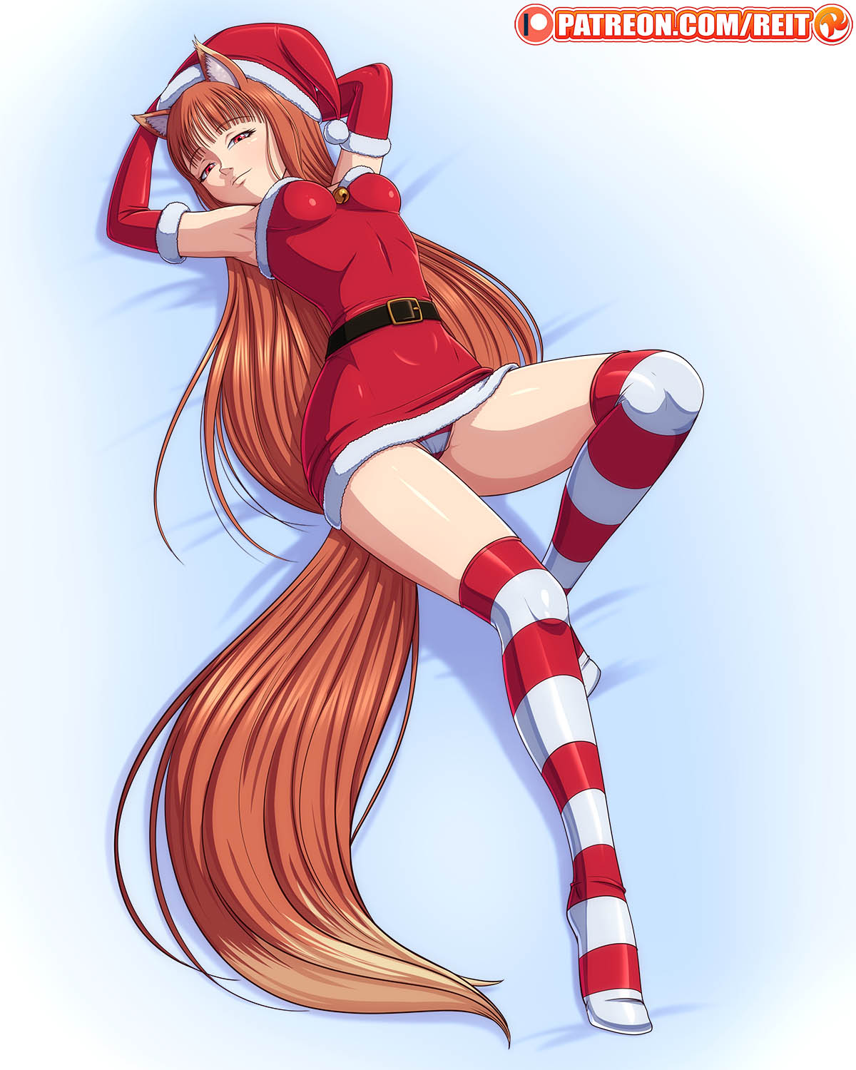 1girls brown_hair christmas_hat christmas_outfit clothing female holo looking_at_viewer medium_breasts panties red_eyes reit skirt spice_and_wolf stockings tail under_skirt underwear wolf_ears