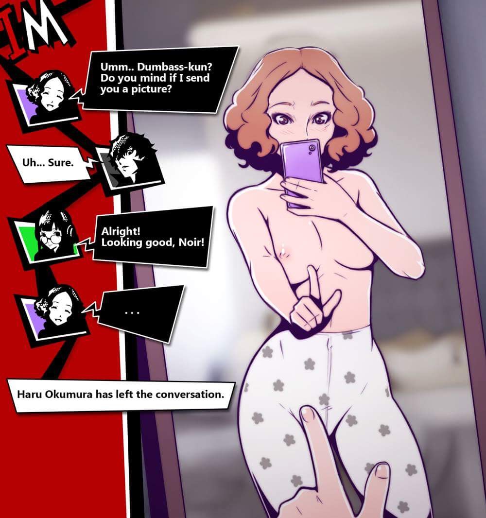 1boy 2girls atlus chat dave_cheung fluffy_hair haru_okumura joker_(persona) megami_tensei mirror mirror_selfie no_bra persona persona_5 ren_amamiya sakura_futaba selfie short_hair stockings tagme