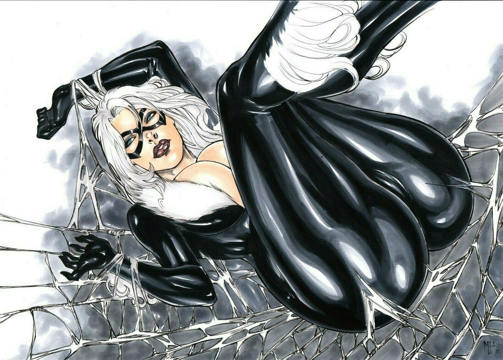 1girls, 2019, arms up, ass, big breasts, black bodysuit, black cat (marvel), black gloves, blue eyes, bodysuit, breasts, busty, cleavage, dated, domino mask, ed benes studio, eyeshadow, felicia hardy, female, female only, fur trim, gloves, large breasts, legs up, lipstick, long hair, looking to the side, lying, lying down, lying on back, makeup, marvel, marvel comics, mascara, mask, matheushenrique (artist), pinup, purple lips, purple lipstick, signature, solo, spider web, spider-man (series), thick thighs, thighs, traditional media, web, white hair