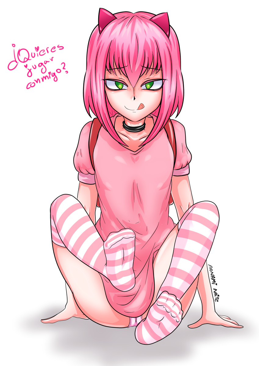 annie hastur, aonami noite, feet, female, league of legends, looking at viewer, original artwork, panties, pink hair, stockings, tagme, thighhighs, tongue, tongue out, white background, young