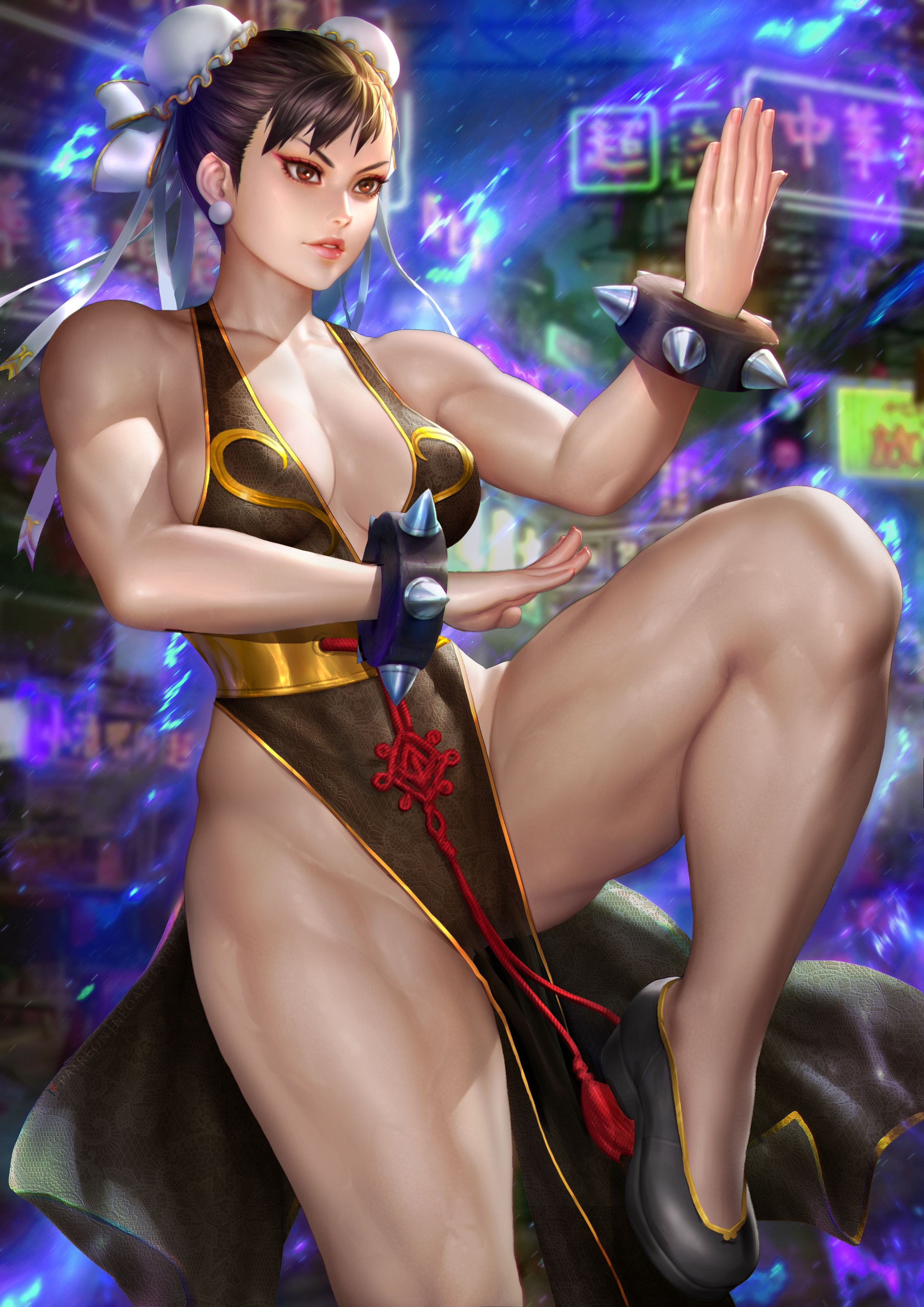 absurd res, alternate costume, breasts, capcom, china dress, chun-li, chun-li (battle ouffit sfv), cleavage, female, female only, highres, large breasts, muscles, muscular, muscular female, neoartcore, paid reward, patreon reward, solo, street fighter, street fighter ii, thick thighs