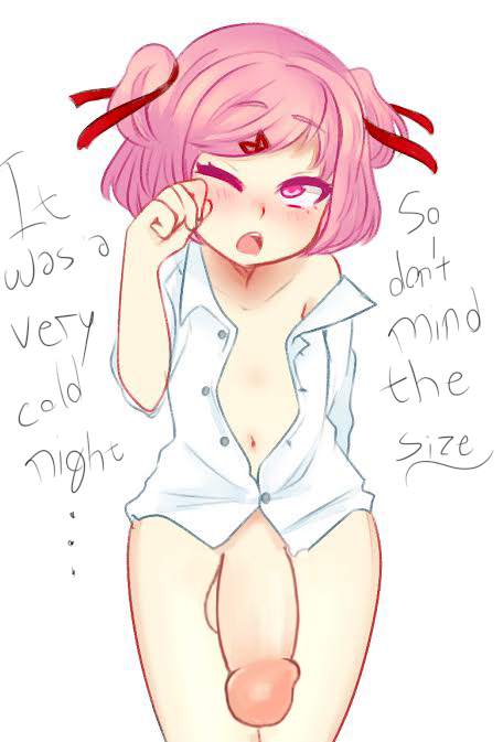 1futa 20199102 big_balls big_penis bottomless cute dialogue dickgirl doki_doki_literature_club flaccid flat_chest futa_only futanari huge_cock long_penis lovesicepick mostly_nude natsuki_(doki_doki_literature_club) open_shirt pink_hair small_but_hung solo solo_futa text thick_penis third-party_edit yawn young