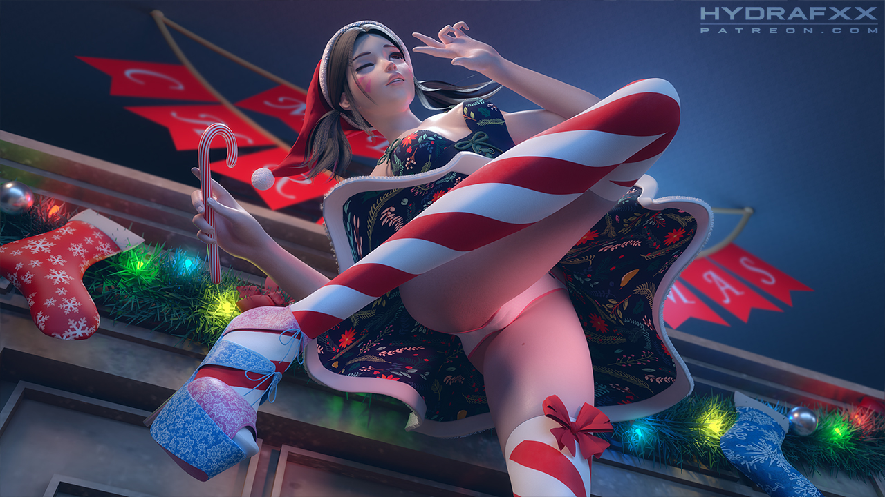1girls, 3d, alternate costume, blender, cameltoe, christmas, d.va, female, female only, hydrafxx, open toe shoes, overwatch, panties, pussy, solo, thighhighs, wallpaper