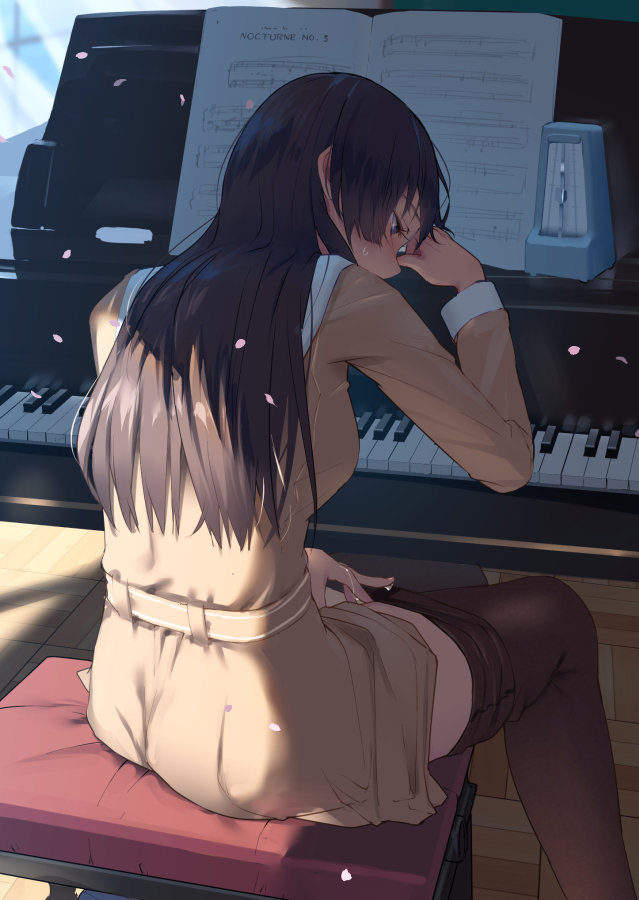 1girls ass bang_dream! belt black_eyes black_hair blush breasts brown_dress brown_legwear commentary_request dress feet_out_of_frame female female_only indoors instrument light long_hair long_sleeves masturbation medium_breasts metronome pantyhose pantyhose_pull petals piano pussy_juice satsuki_neko sheet_music shirokane_rinko sitting solo stool sweat wooden_floor