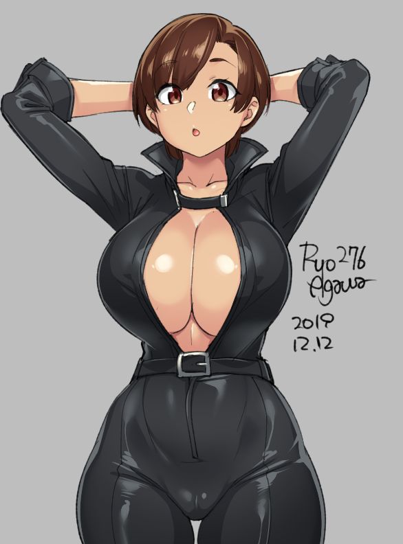 1girls, arms behind head, arms up, belt, big breasts, black bodysuit, bodysuit, breasts, brown eyes, brown hair, bursting breasts, catsuit, center opening, cleavage, clothed, dated, erect nipples, female, female focus, female only, full-length zipper, grey background, high collar, large breasts, latex bodysuit, looking at viewer, nipples, no bra, open mouth, original, partially unzipped, ryo agawa, short hair, simple background, solo, thigh gap, zipper