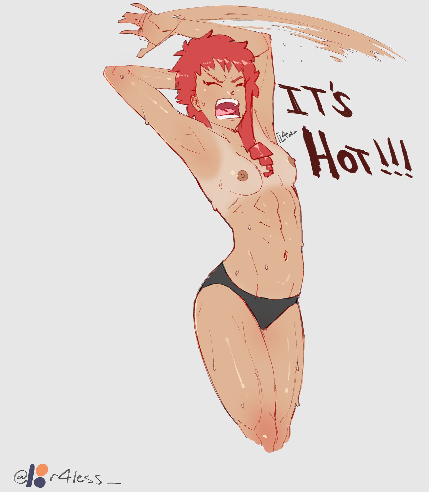 1girls, arms behind head, breasts, closed eyes, english text, female, female only, fit, l4wless, midriff, motion blur, open mouth, red hair, sketch, small breasts, solo, tanline, tanned, topless, wet